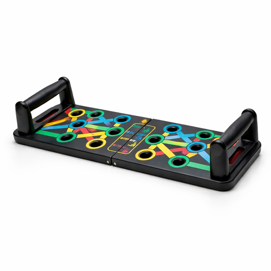 PowerForm Pro™ — Tablero inteligente de flexiones · 14 posiciones de entrenamiento · activa pecho, hombros, tríceps y core simultáneamente
